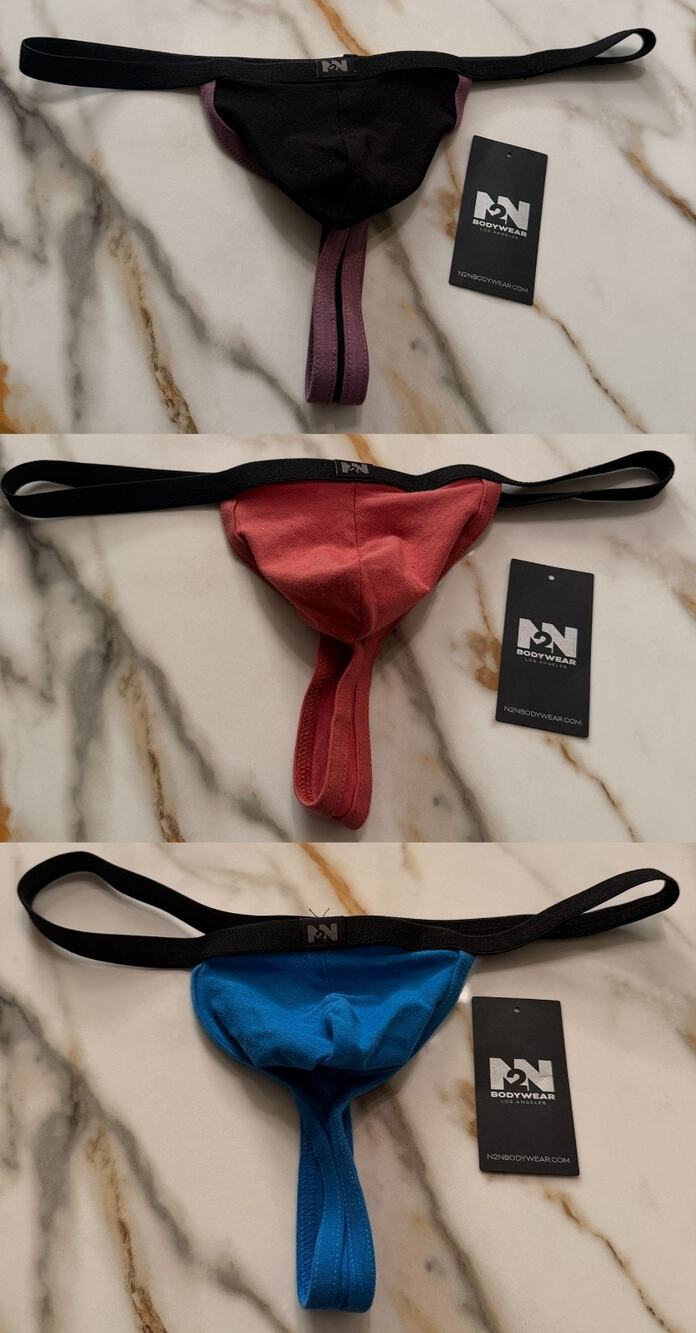 NEW Set Of 3 N2N Bodywear Mens Sexy Ass Cotton Thongs Color Black Blue Red Large